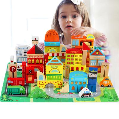 China Eco-friendly Material Education Learning Toy Building Blocks Toys Urban Traffic Wood Education Building Block Toys For Children for sale