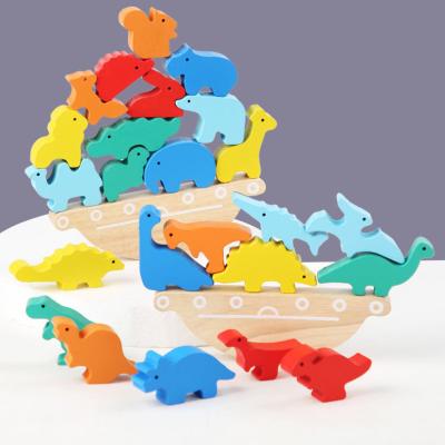 China New Eco-friendly Toddler Material Concentration Exercising Stacking Blocks Children Wooden Early Education Dinosaur Balance Building Block Animal Toys for sale