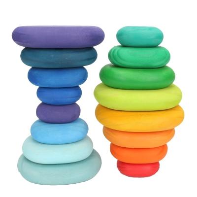 China Nordic Rainbow Flat Stacker Kids Stone Wood Colorful Eco-friendly Play Material Stacking Pebbles Balance Blocks Wooden Pebbles for sale