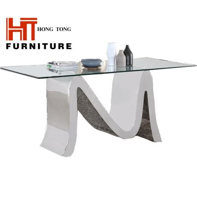 China Stainless Steel Adjustable Frame Base Shape Clear Tempered Glass Dining Table Set (Size) M for sale