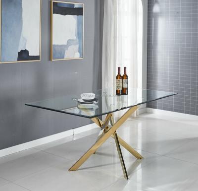 China Luxury Contemporary Interior Design Lifestyle (Height) Trestle X Adjustable Legs Gold Plated Stainless Steel Luxury Glass Dining Table for sale