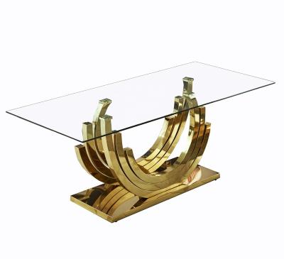 China (Size) Foshan Furniture Stainless Steel Adjustable Dining Table Set Dining Table 8 Seats Glass Dining Table D1902 for sale