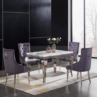 China ADJUSTABLE FURNITURE (Height) HIGH POLISHED REFLECTED DINING TABLE IMPERIAL GRAY MARBLE SET for sale