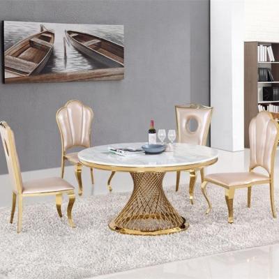 China (Size)Adjustable Royal Gold Stainless Steel Luxury Wedding Base Round Top Modern Hotel Table And Chair Marble Designs for sale