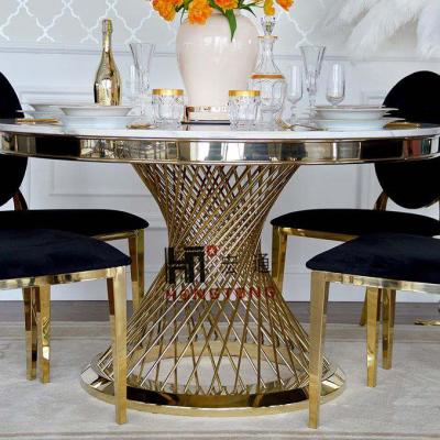 China (Size)Adjustable Royal Gold Stainless Steel Round Mirrored Marble Top Dining Table for sale