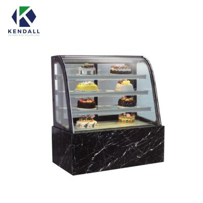 China Double-temperature marble base curved glass bakery display cabinet showcase cake refrigerators with led light for sale