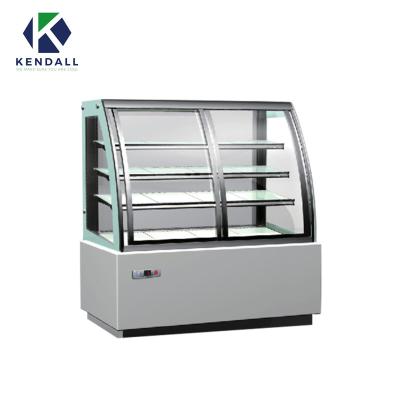 China bakery cake display cabinet high temperature curved glass commercial refrigerated display case with led light for sale