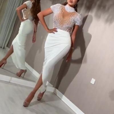 China New Arrival 2021 Anti-Static Latest Dress Designs Mesh Transparent Pearl Elegant Lady Pure Dresses Solid Bodycon Women Dresses for sale