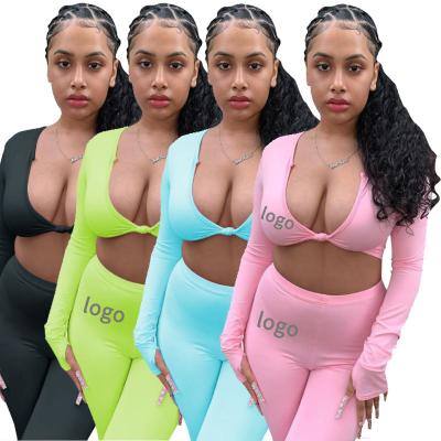 China Hot Sale 2021 Women Clothing Breathable Yoga Sports Sheath Long Twist Crop Tops Pants Sets Solid Skinny Outfits Women Sets Two Piece for sale