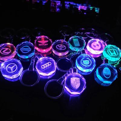 China Europe Customized 3D Laser Engraved Car Logo LED Light Crystal Key Chain Key Ring Promotional Gift for sale