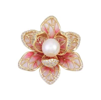 China Hot Selling Elegant Enamel Lotus Zircon Brooch Jewelry Flower Pearl Gift Hat Scarf Pins Elegant Sweater Luxury Accessories Coat for sale