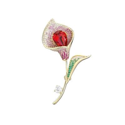 China Shiny Zircon Tulip Brooch Pin Flower Jewelry Fashion Dress Accessories Luxury Elegant Jewelry Brooch Ladies Wedding And Beautiful Birthday Gift for sale