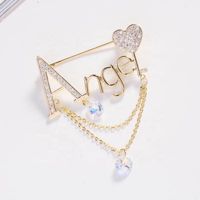 China Zircon Fashion Shiny Angel Brooch Elegant Fashion Clothing Accessories Pin Letter Plated Jewelry Luxury Gift Women Brooch New Design for sale