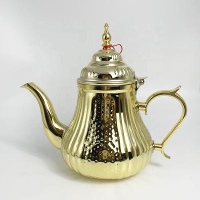 China Sustainable Hot Selling New Gold Teapots Metal Stainless Steel Tea Set with Glass and Tray Morocco Mint Teapot for sale