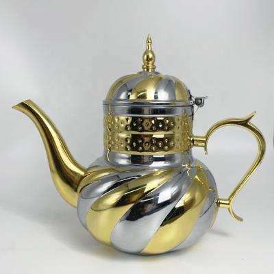 China Sustainable New Trendy Large Metal Water Boil Teapot Gold Gas Induction Tea Pot Stainless Steel Arabic Teapot with Cups for sale