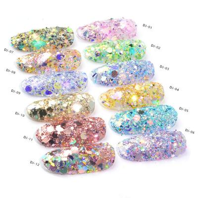 China DIY Nail Art Wholesale Nail Personal Art Supplies 12 Colors Crystal Clear Acrylic Powder Mixed Size 1g Bottled Discoloration Glitter Acrylic Powder for sale