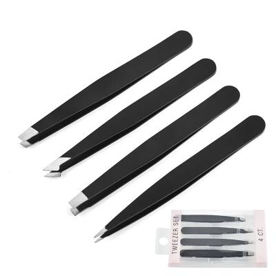 China Eyebrow Customize Black Logo Makeup Tools Tweezers Professional 4 Piece Stainless Steel Eyebrow Tweezers for sale