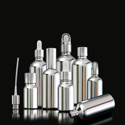 China Cosmetic Goods Factory Gold Silver Stain Spray Lotion Dropper Lid Custom Plated Glass Bottles for sale