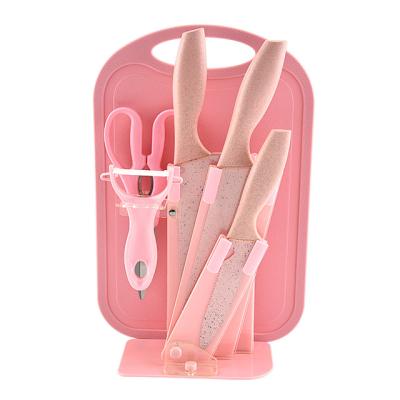 China Viable Hot Sale Pink Wheat Straw 7pcs Blue Kitchen Knife Set With Cutting Board for sale