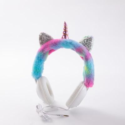 China Headphone Cartoon Unicorn Colorful Plush Over-ear Gift Luxury E-sports Music Wired Headset for sale