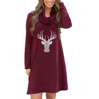 China OEM Customized Plus Size Wholesale Reindeer Printed Soild Color Sleeve Turtle Neck Casual Dress Womens Long Dresses for sale