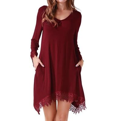 China Fashion Women Summer Soild Breathable Wholesale Casual Dresses Color Long Sleeve Lace Edge Mini Dress for sale