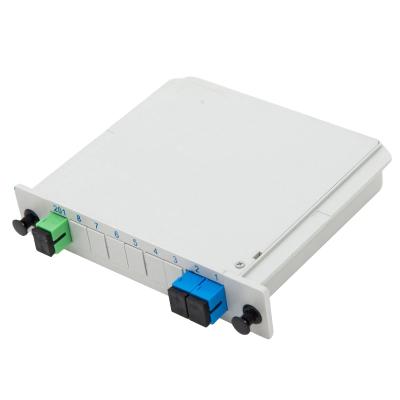 China PLC 1x2 1*2 Optical Fiber Splitter Slot Box Manufacturing FTTH Card Insert Insert Type With SC UPC Adapter for sale