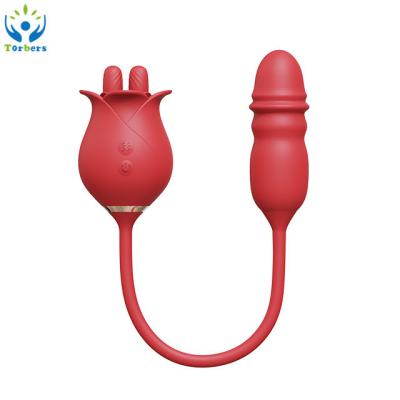 China Red Rose Flower Shape Tongue Vibrating Clitoral Stimulation Thrusting Anal Plug Mini Vibrator For Women for sale