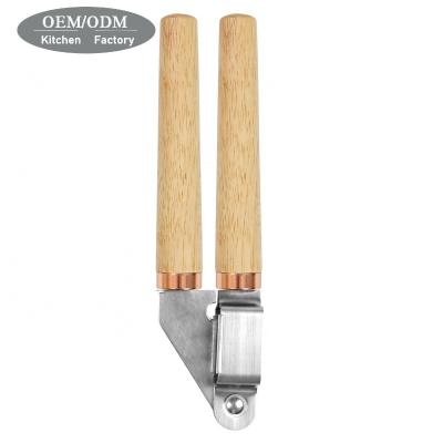 China 2021 New Durable Wooden Handle Kitchen Tools Stainless Steel Garlic Press Crusher Onion Cutter for sale