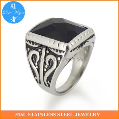 China Mens Stainless Steel Punk Square Stainless Steel Seal Rings Silver Black Glass Jewelry for sale