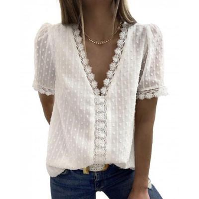 China 2022 Best Selling Breathable V-Neckline Front And Back Lining Embroidered Lace Deep Chiffon Shirt Short Sleeves for sale