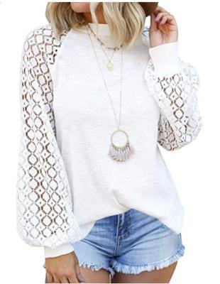 China Breathable Explosive High Quality Round Neck Long Sleeve Lace Stitching Loose T-shirt Tops For Ladies for sale