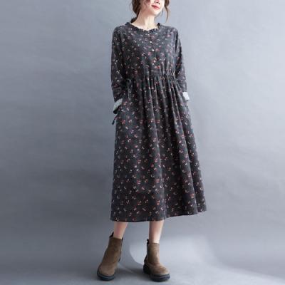 China 2022 Autumn Newest Workable Loose Skirt Style Ethnic Cotton And Canvas Midi Skirt Women's Literary Printing Long Sleeve Dress for sale