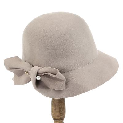 China Beauty fashion winter women 100% wool felt thrower hat with bow bucket hats wholesale for sale