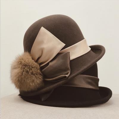 China Beauty Fashion Ladies Winter Eegance Wool Felt Hat Women Formal Bowler Hat With Pompom for sale