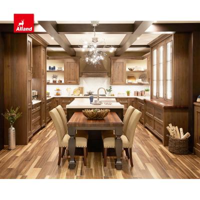 China AllandCabinet design solid wood sideboard in traditional stain finish with recessed molding glass applied to door and mullion for sale