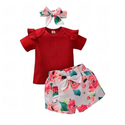 China Other Wholesale Young Girls 3 Piece Clothing Sets Custom Color Tops Floral Pants Headband Kids Clothes for sale