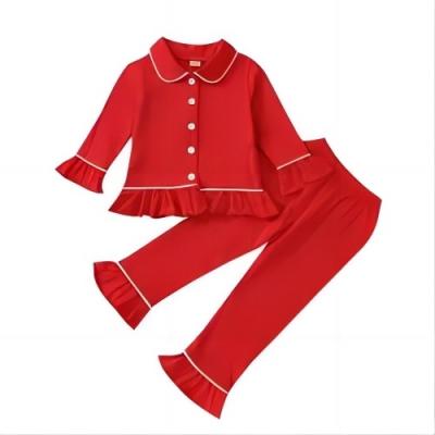 China Cutom Kids Cotton Long Sleeve Sleepwear Family Pajamas Long Sets Lounge Wear Baby Soft Ruffle Tendril Pajamas Set for sale