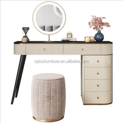 China Hot Luxury Makeup Storage Bedroom Furniture Gold Plated Nordic PU Storage Drawer Dressing Table Ceramic Velvet Top Leather Dressers for sale