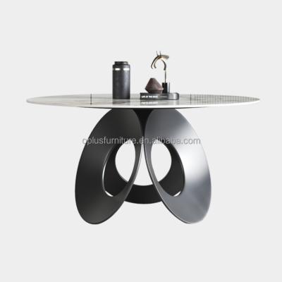 China New Round Dining Table Modern Design Stone Metal Luxury Sintered Ceramic Black White Top Bracket With Black Powder Coated Round Low Dining Table for sale