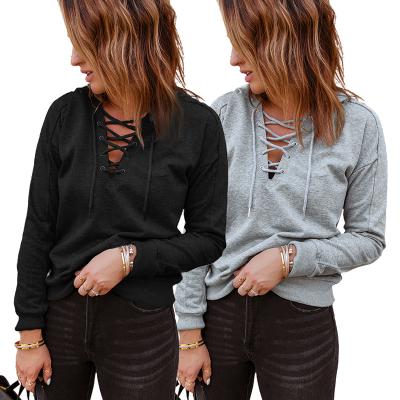 China 2021 Solid Color Casual Bandage Neck Solid Color Anti-Wrinkle Basics Lace Up Oversized Custom Hoodie for sale