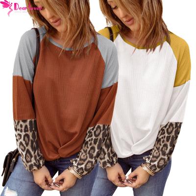 China Anti-pilling 2021 new fashionable knit elegant orange leopard long sleeve shirts for women blouses with twist knot for sale