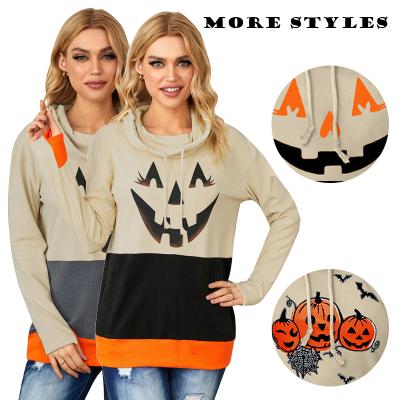 China Anti-Wrinkle Wholesale Halloween Costume Hood Neck Pumpkin Print Color Block Custom Halloween Sweatshirt for sale