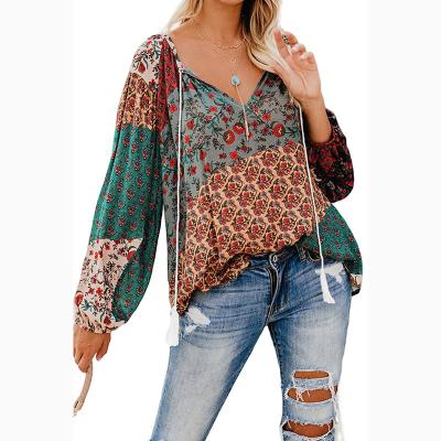 China Anti Pilling 2021 Women Fashion Tops Long Sleeve Vintage Floral Print Ladies Blouses for sale