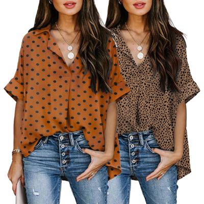 China New Design Anti-pilling Short Sleeve Lace Up Floral V-Neck Women's Ladies Blouses for sale