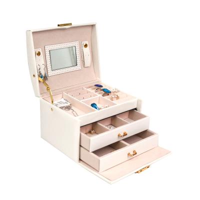 China Morden High End Luxury White Leather Jewelry Storage Box Ring Necklace Watch Jewelry Storage Box With Mirror Packing for sale