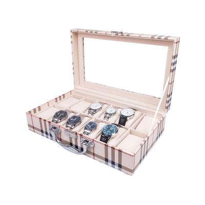 China Classic Watch Packaging Watch Storage Display Lattice Pattern PU Leather Portable 12 Slots Watch Case Wooden Watch Organizer Box With Acrylic Window for sale