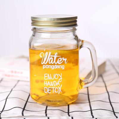 China Empty Juice Glass Mason Handle Cup 500ml Water Transparent Beverage Square Empty Cold Brew Glass Mason Jar Coffee Milk Beverage for sale