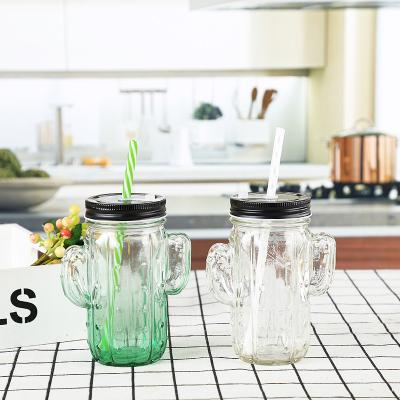 China Clear Glass Milk Mason Jar Coffee Beverage Glass Mason Bottle Cactus Shape Airtight Gradient Green Cylinder Drinking Water Beverage for sale