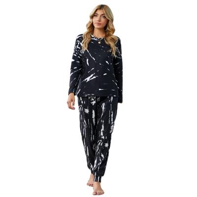 China Autumn and winter QUICK-DRY European and American women tie-dye new round neck pants long-sleeved pajamas 2-piece set for sale